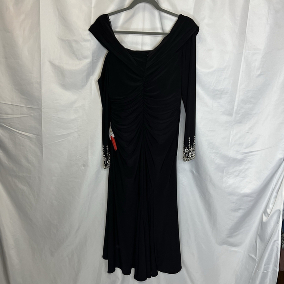 Mac Duggal Black Foldover Long Sleeve Jeweled Midi Dress One-Shoulder Long 10 - Picture 5 of 16